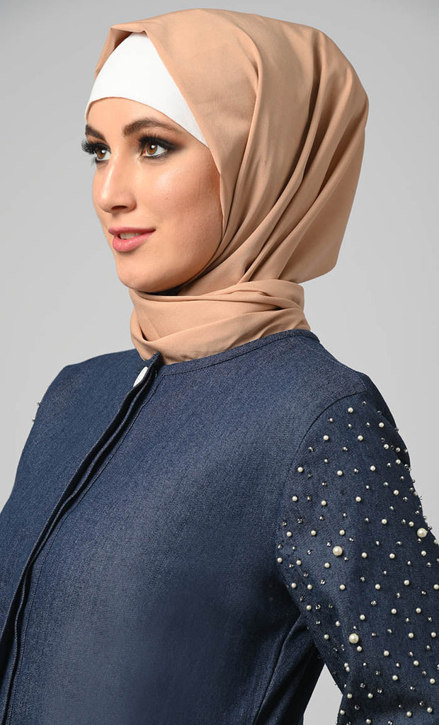 Women's Pearl Work Detailing Tiered Button Down Denim Abaya