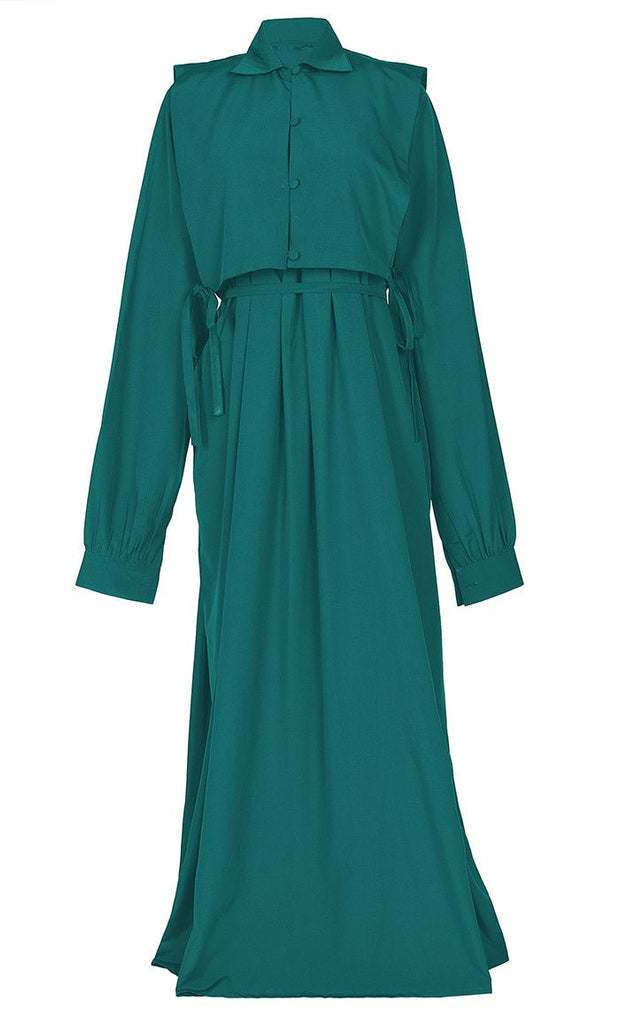 Women's Pine Green Kashibo Abaya With Short Jacket - EastEssence.com