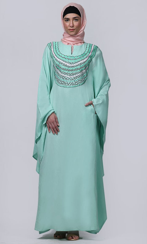 Women's Pretty Light Green New Embroidered Work Detailing Kaftan Style Abaya - EastEssence.com