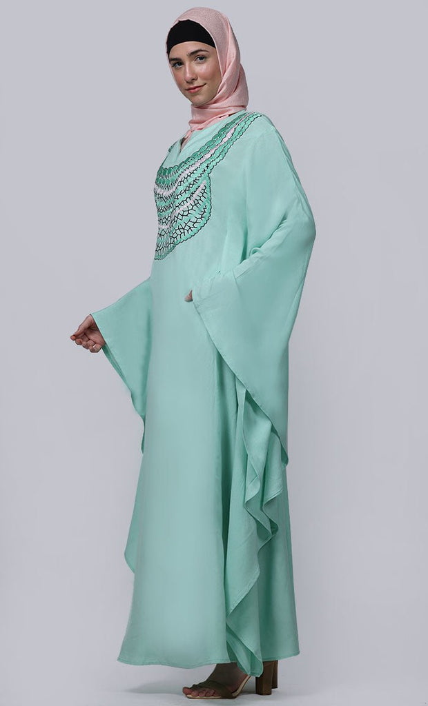 Women's Pretty Light Green New Embroidered Work Detailing Kaftan Style Abaya - EastEssence.com