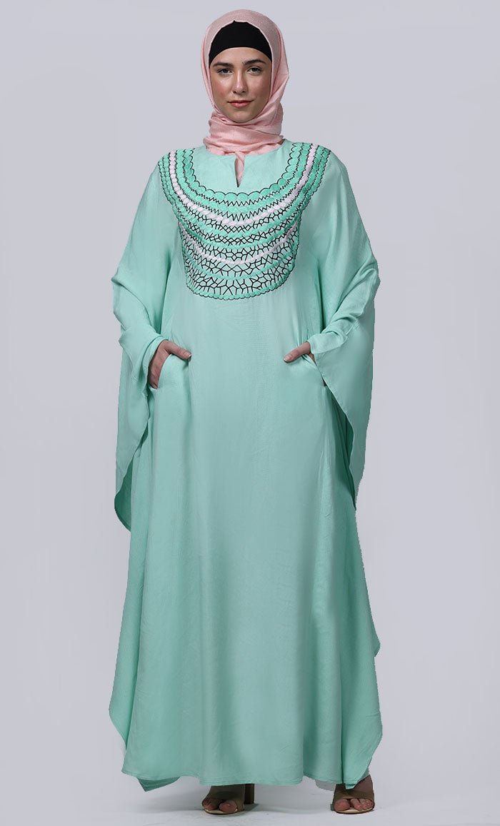 Women's Pretty Light Green New Embroidered Work Detailing Kaftan Style Abaya - EastEssence.com