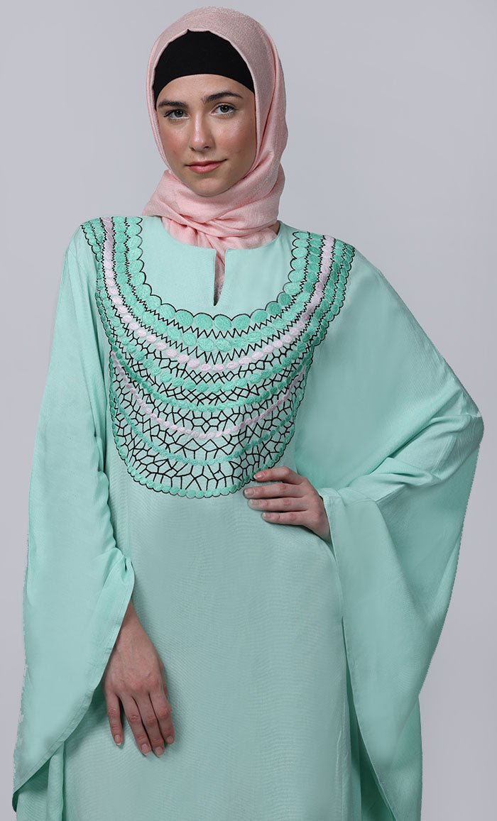Women's Pretty Light Green New Embroidered Work Detailing Kaftan Style Abaya - EastEssence.com