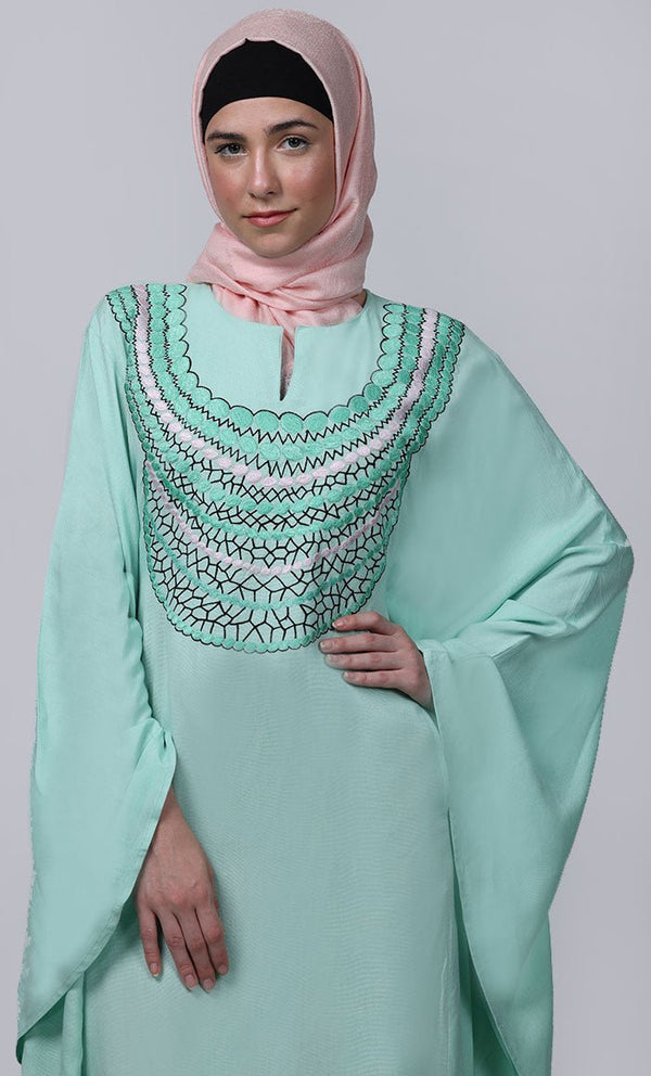 Women's Pretty Light Green New Embroidered Work Detailing Kaftan Style Abaya - EastEssence.com