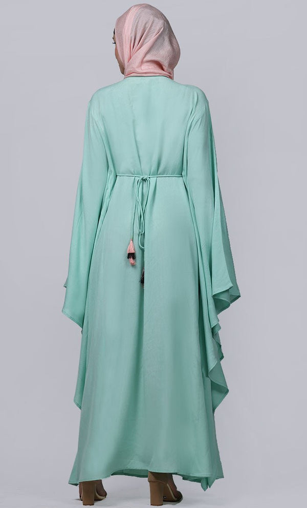 Women's Pretty Light Green New Embroidered Work Detailing Kaftan Style Abaya - EastEssence.com