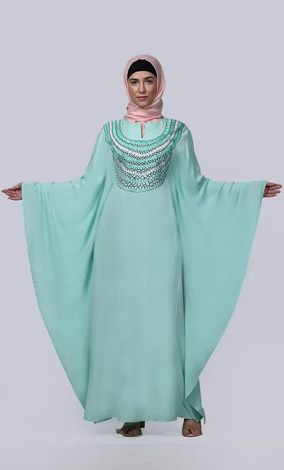 Women's Pretty Light Green New Embroidered Work Detailing Kaftan Style Abaya - EastEssence.com