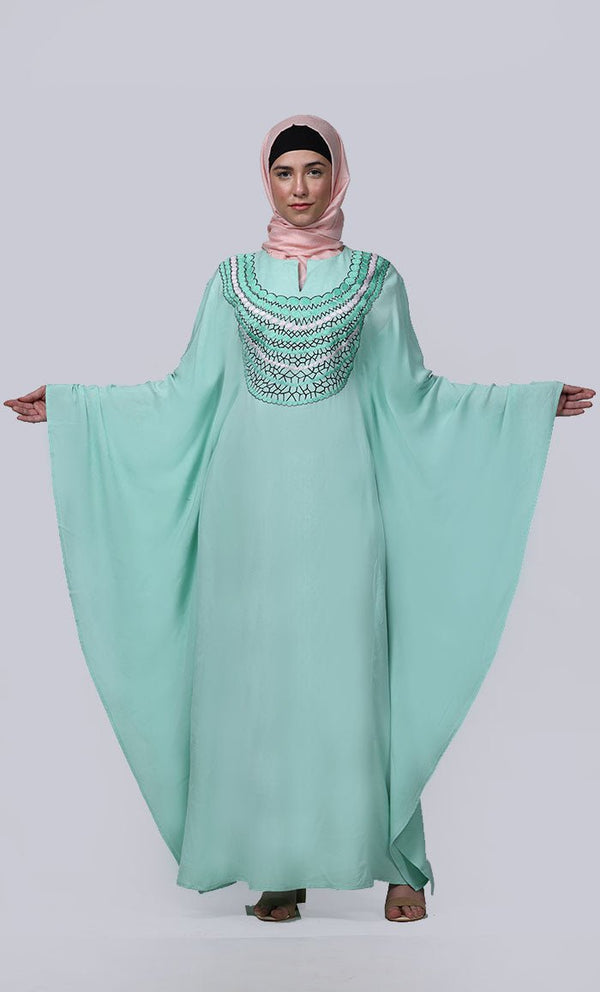 Women's Pretty Light Green New Embroidered Work Detailing Kaftan Style Abaya - EastEssence.com
