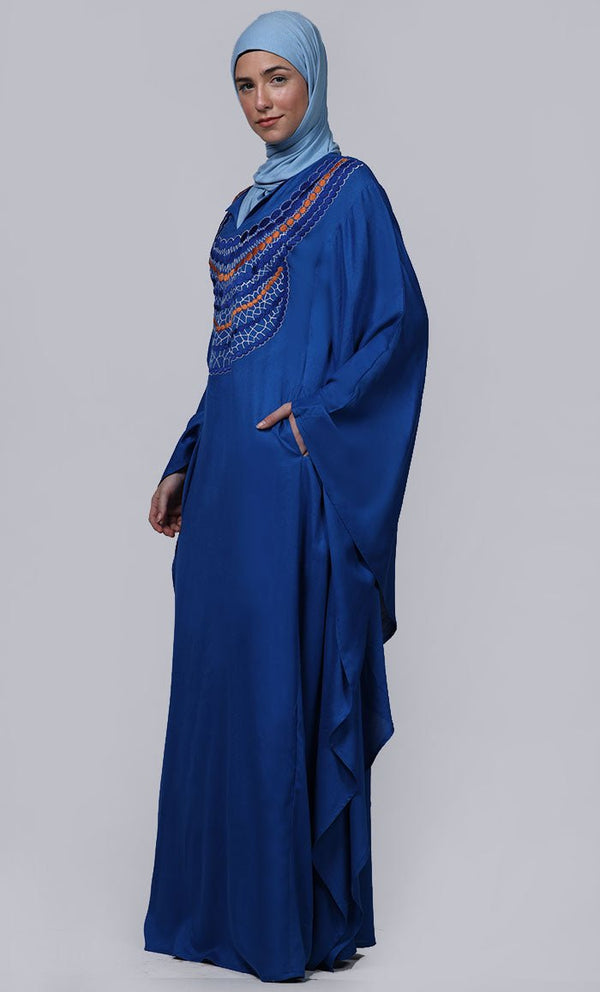 Women's Royal Blue New Embroidered Work Detailing Kaftan Style Abaya - EastEssence.com