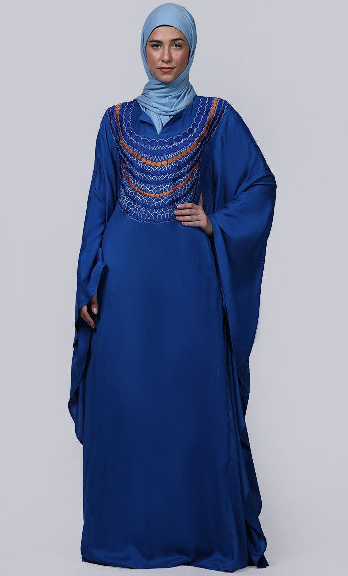 Abaya style caftan pour femme, bleu roi, avec détails brodés