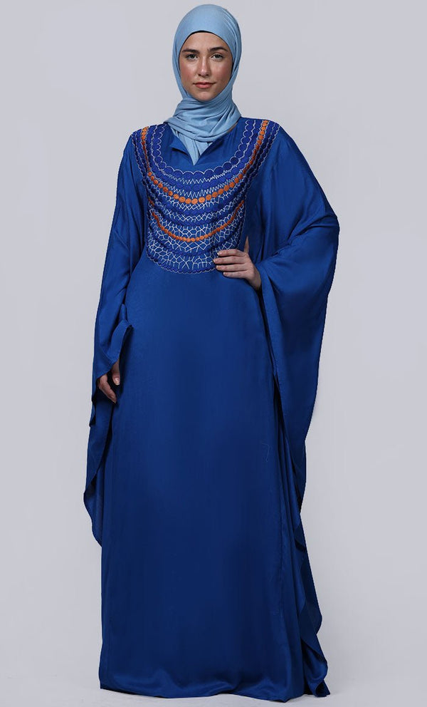 Women's Royal Blue New Embroidered Work Detailing Kaftan Style Abaya - EastEssence.com