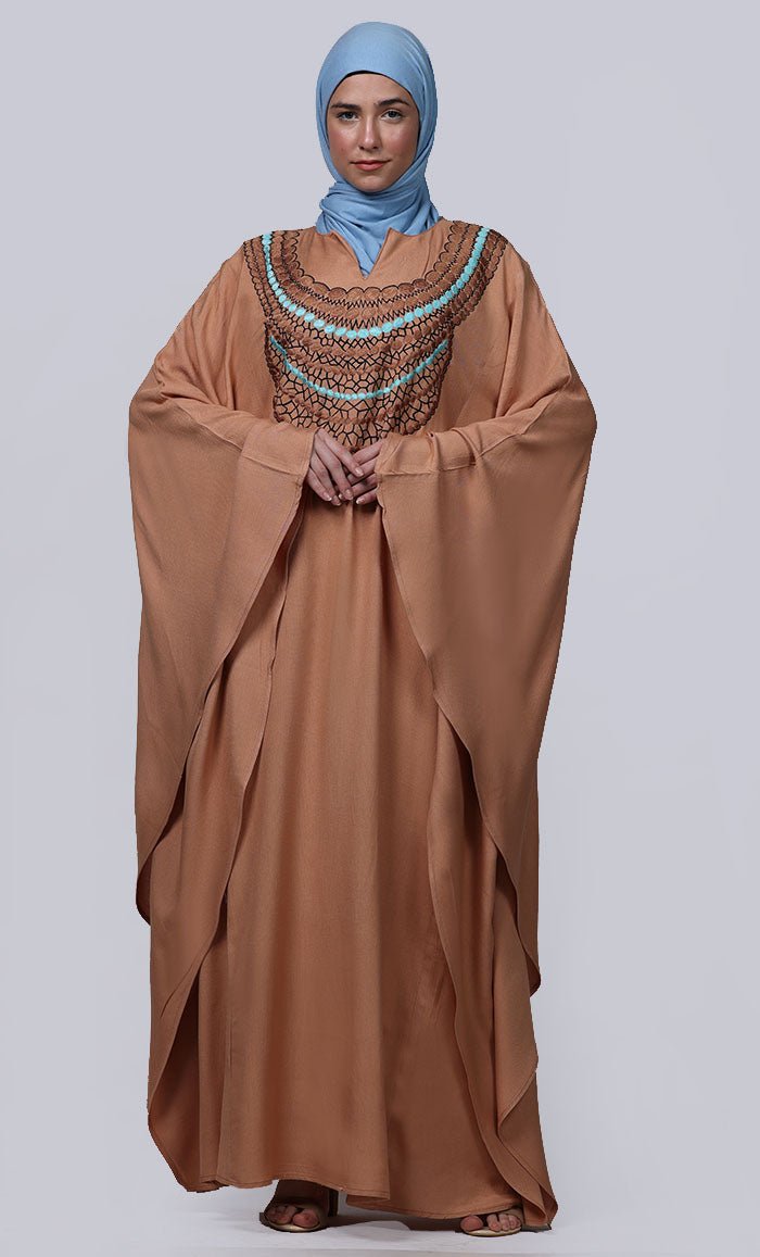 Women's Sand New Embroidered Work Detailing Kaftan Style Abaya - EastEssence.com