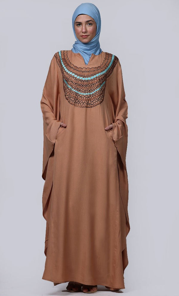 Women's Sand New Embroidered Work Detailing Kaftan Style Abaya - EastEssence.com