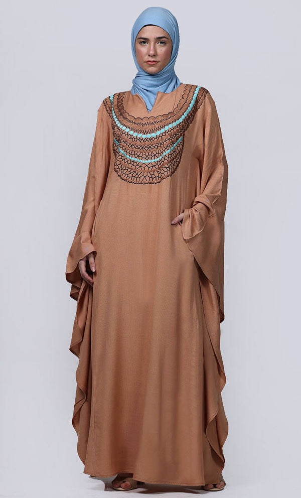 Women's Sand New Embroidered Work Detailing Kaftan Style Abaya - EastEssence.com
