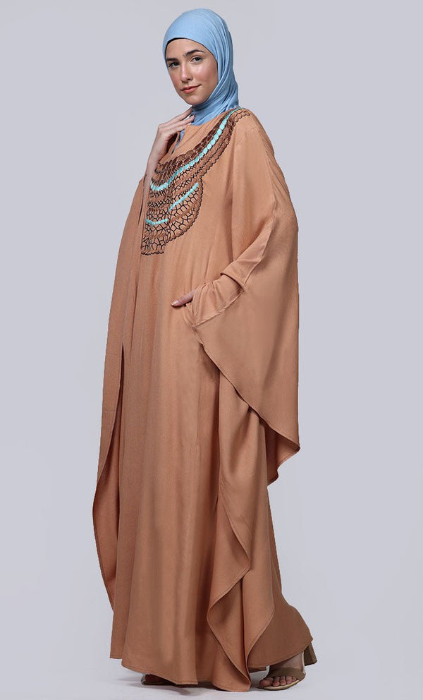 Women's Sand New Embroidered Work Detailing Kaftan Style Abaya - EastEssence.com