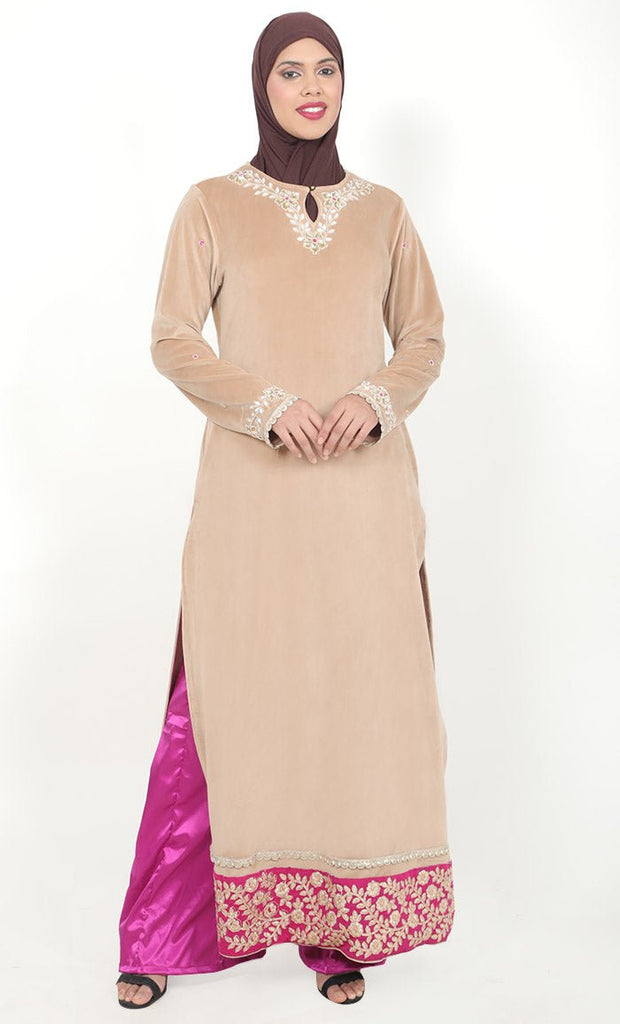 Women's Straight Fit Full Length Velour / Velvet Kurta With Embroidered Lace At Hem And Side Slit Included Satin Pants - EastEssence.com