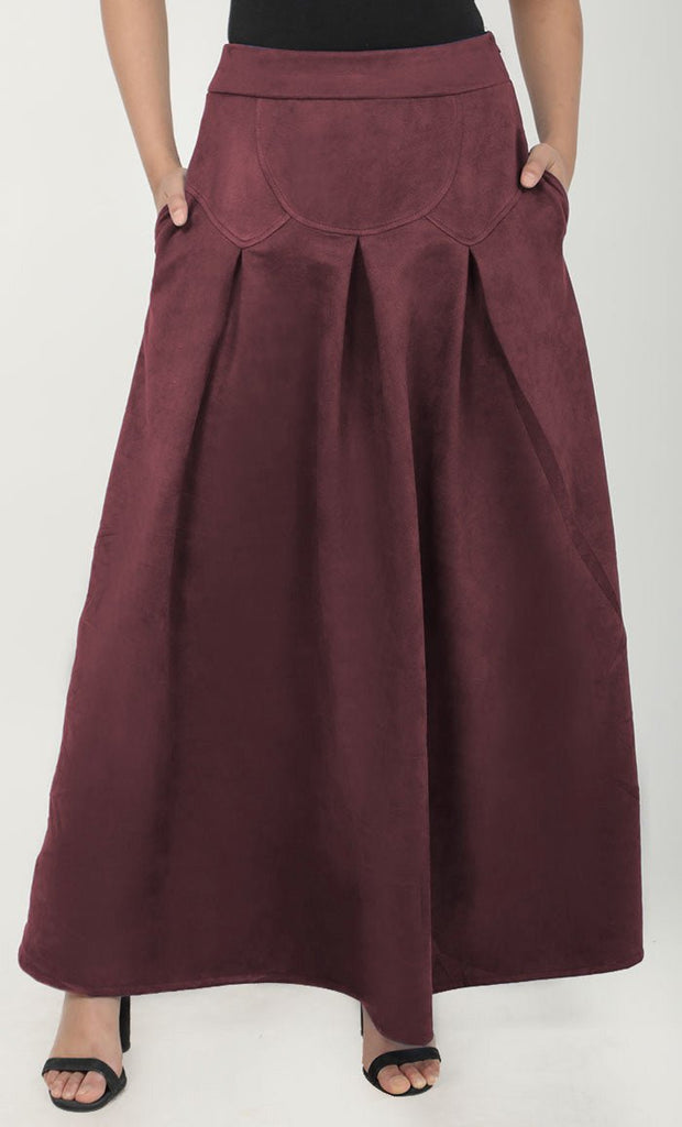 Women's SUEDE Box Pleated Detailing Full Length Skirt With Pockets - EastEssence.com
