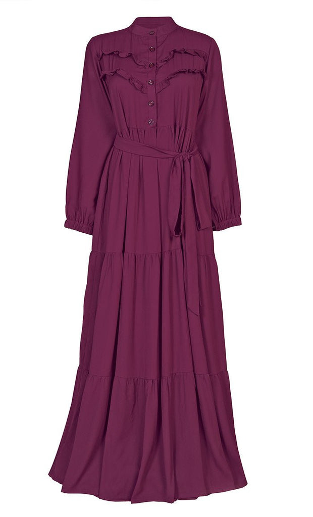 Women's Summer Cool Wine Tiered And Frill Detailing Abaya - EastEssence.com