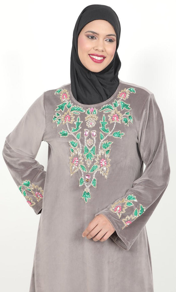 Women's Taupe Velour Full Hand Work Embroidered Abaya - EastEssence.com