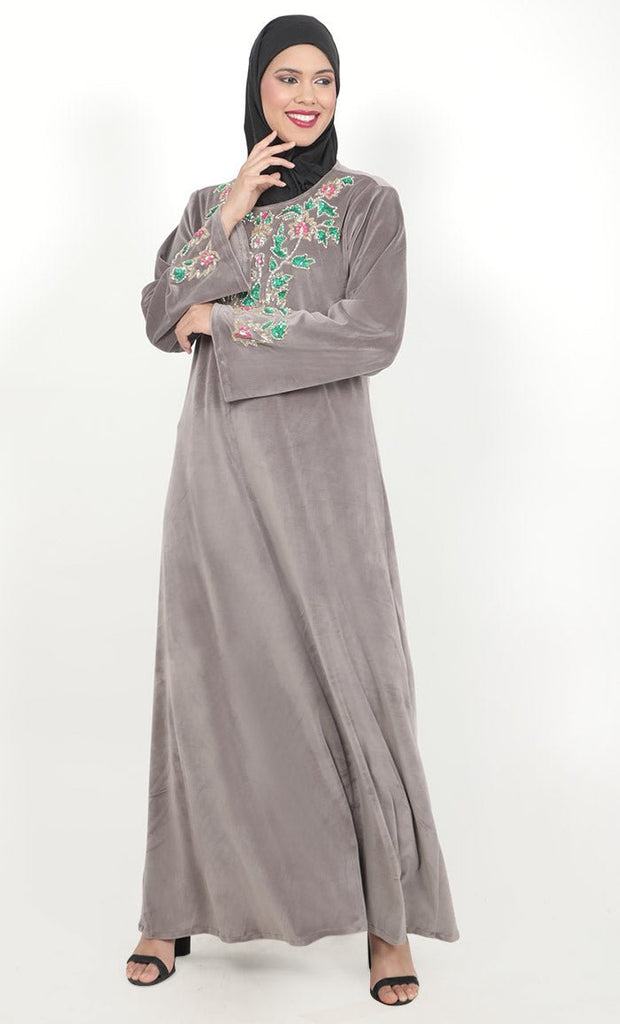 Women's Taupe Velour Full Hand Work Embroidered Abaya - EastEssence.com