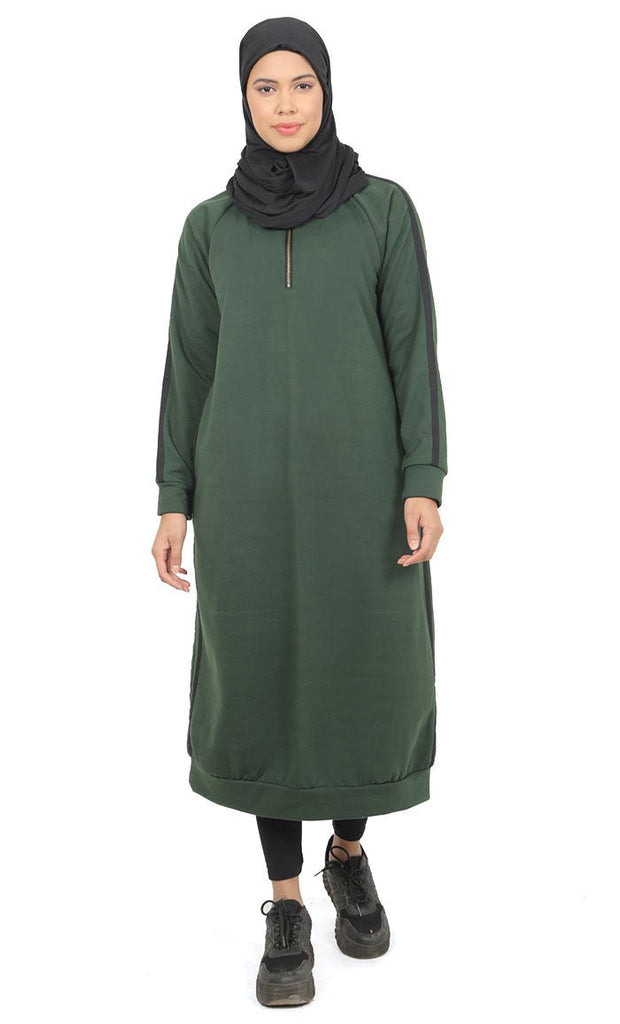 Women's Teal Green Fleece Long Tunic With Side Contrasted Panel And Pockets - EastEssence.com