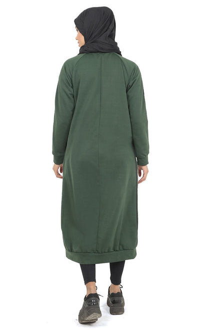 Women's Teal Green Fleece Long Tunic With Side Contrasted Panel And Pockets - EastEssence.com