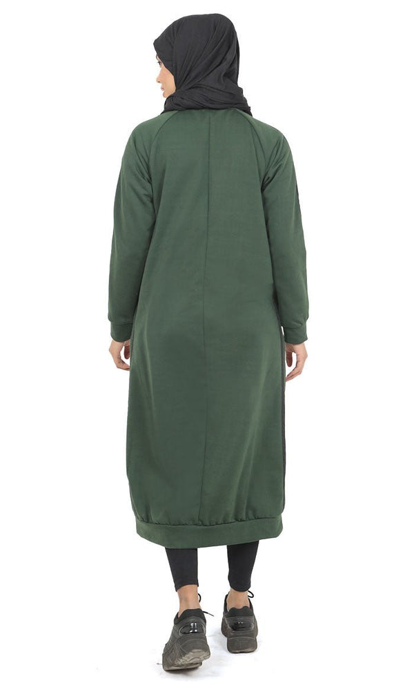 Women's Teal Green Fleece Long Tunic With Side Contrasted Panel And Pockets - EastEssence.com