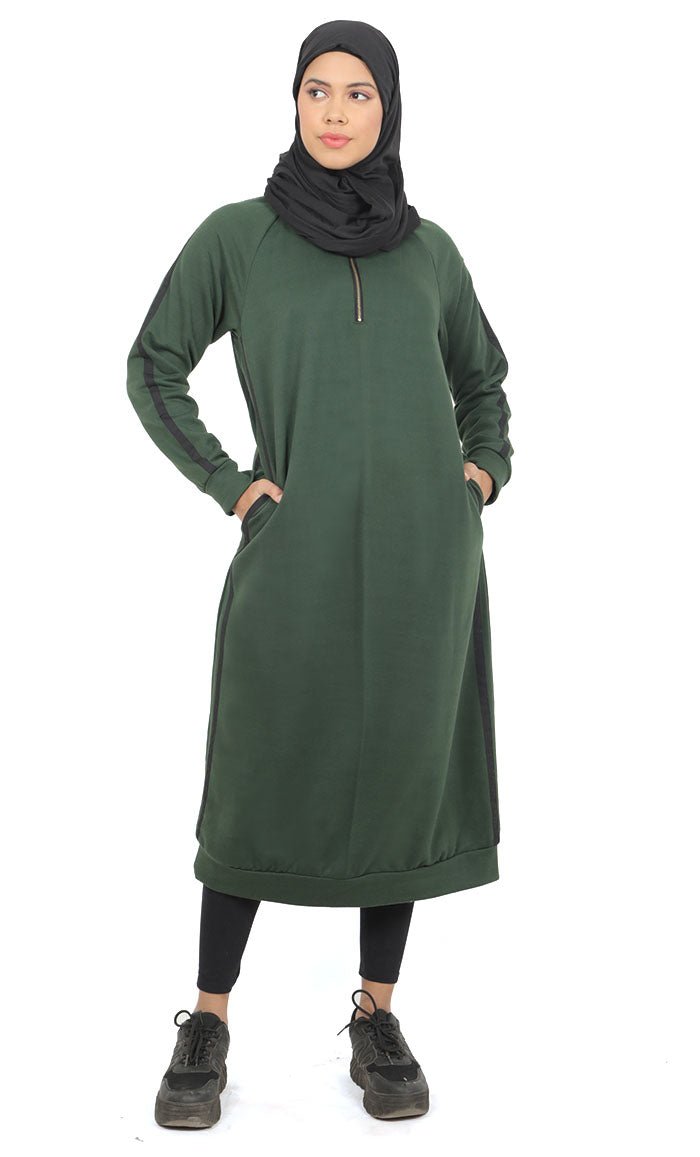 Women's Teal Green Fleece Long Tunic With Side Contrasted Panel And Pockets - EastEssence.com
