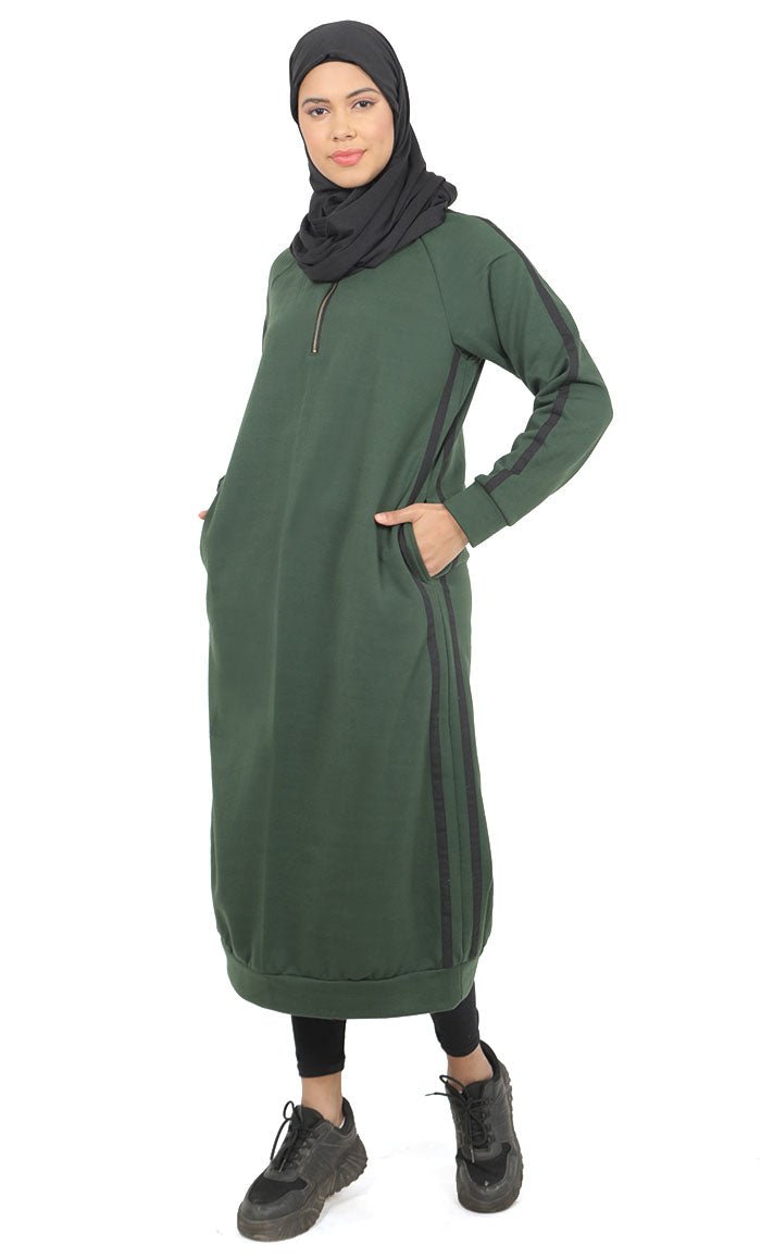 Women's Teal Green Fleece Long Tunic With Side Contrasted Panel And Pockets - EastEssence.com