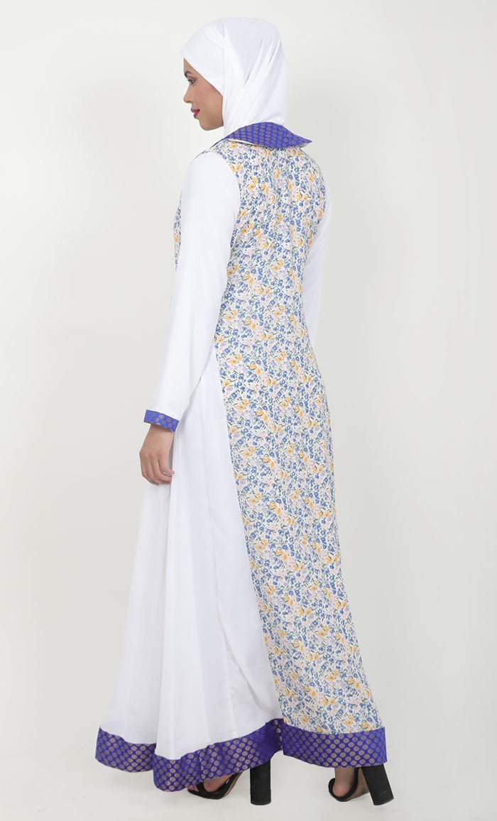 Women's White 2Pc Abaya With Brocade Shawl Colar And Front Tie-Up Detail - EastEssence.com