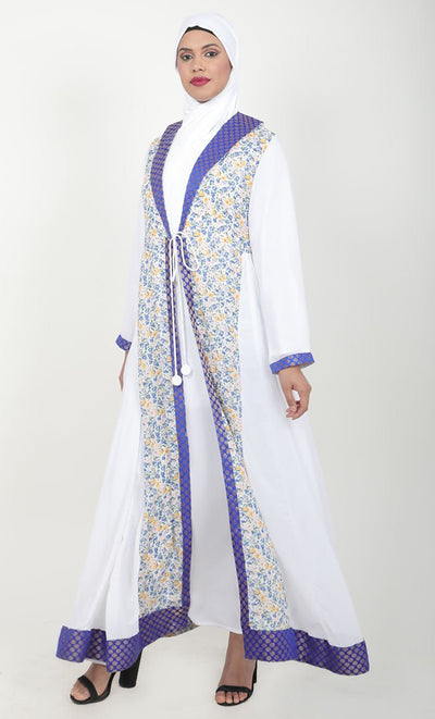 Women's White 2Pc Abaya With Brocade Shawl Colar And Front Tie-Up Detail - EastEssence.com