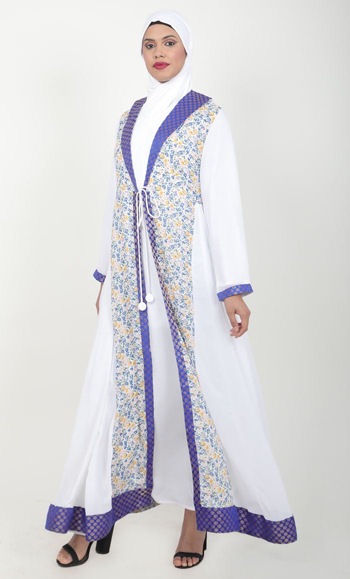 Women's White 2Pc Abaya With Brocade Shawl Colar And Front Tie-Up Detail - EastEssence.com