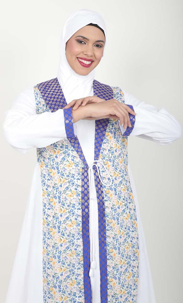Women's White 2Pc Abaya With Brocade Shawl Colar And Front Tie-Up Detail - EastEssence.com