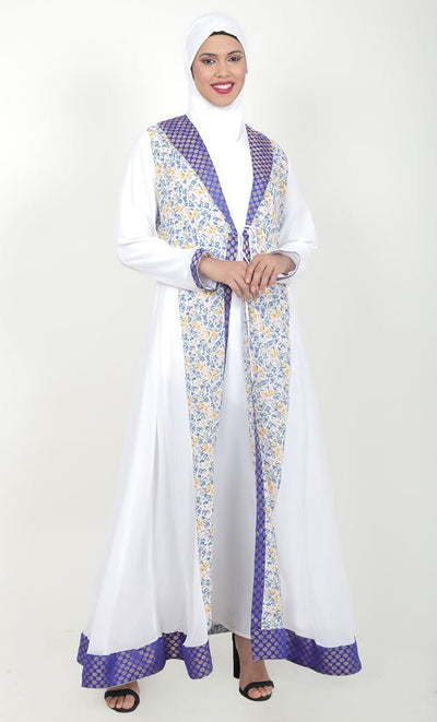Women's White 2Pc Abaya With Brocade Shawl Colar And Front Tie-Up Detail - EastEssence.com