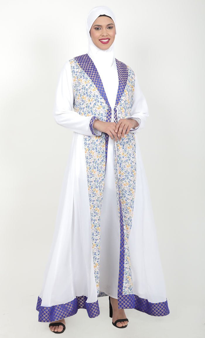Women's White 2Pc Abaya With Brocade Shawl Colar And Front Tie-Up Detail - EastEssence.com