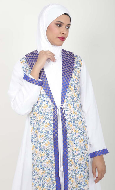 Women's White 2Pc Abaya With Brocade Shawl Colar And Front Tie-Up Detail - EastEssence.com