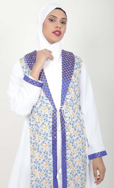 Women's White 2Pc Abaya With Brocade Shawl Colar And Front Tie-Up Detail - EastEssence.com