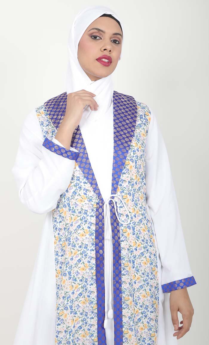 Women's White 2Pc Abaya With Brocade Shawl Colar And Front Tie-Up Detail - EastEssence.com
