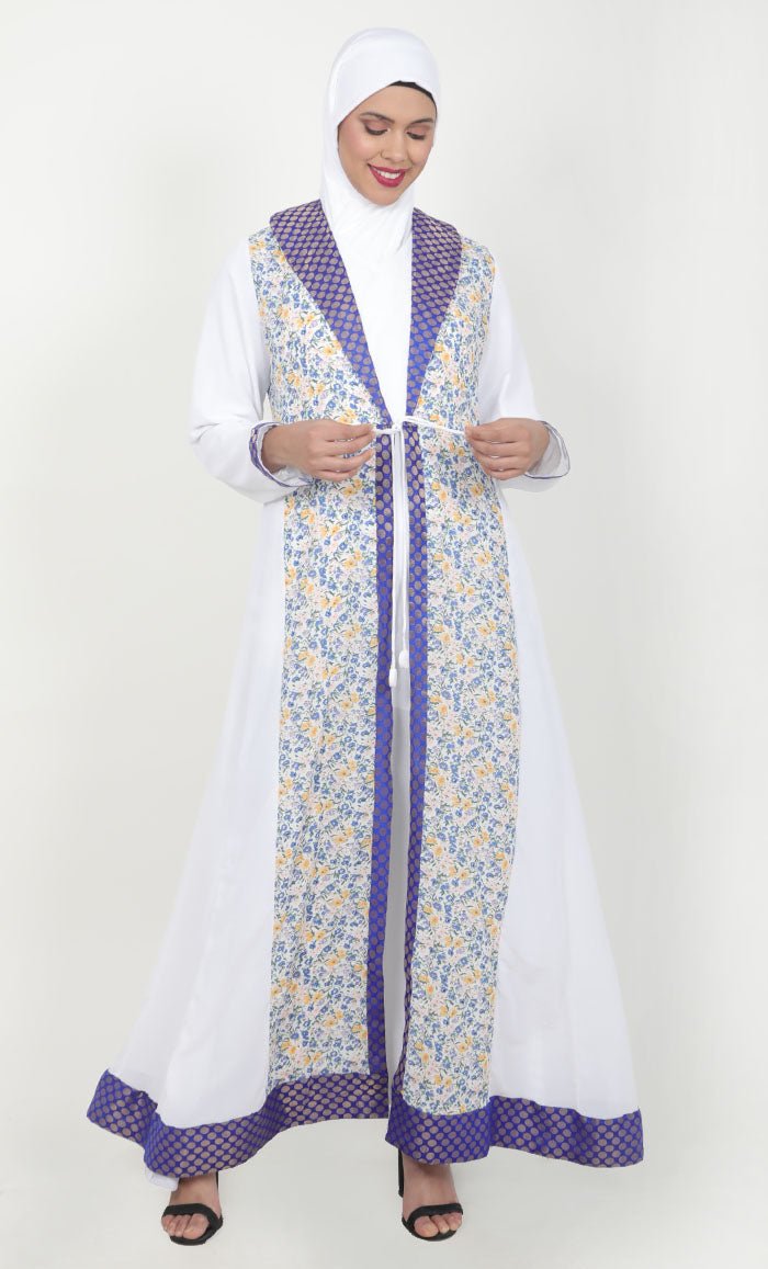 Women's White 2Pc Abaya With Brocade Shawl Colar And Front Tie-Up Detail - EastEssence.com