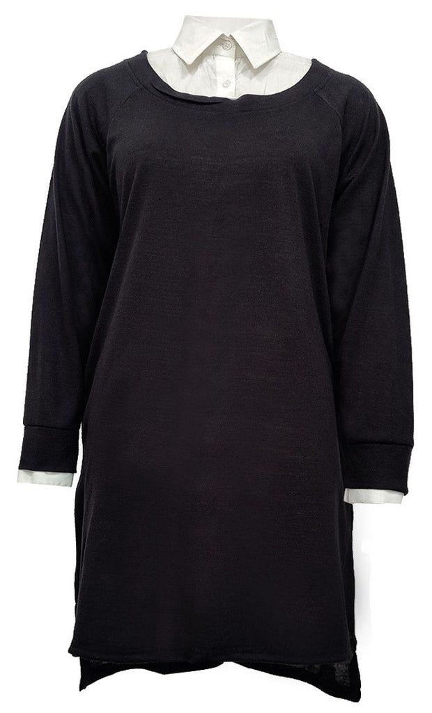 Women's White Shirt Collar Detailing Black Tunic - EastEssence.com