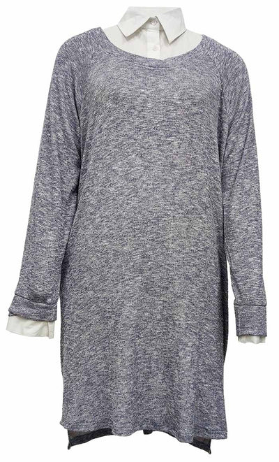 Women's White Shirt Collar Detailing Blue Textured Tunic - EastEssence.com