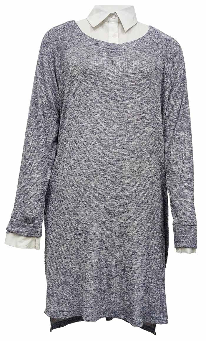 Women's White Shirt Collar Detailing Blue Textured Tunic - EastEssence.com