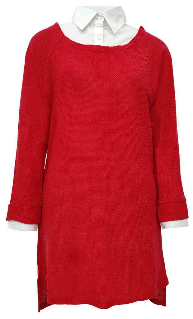 Women's White Shirt Collar Detailing Red Tunic - EastEssence.com