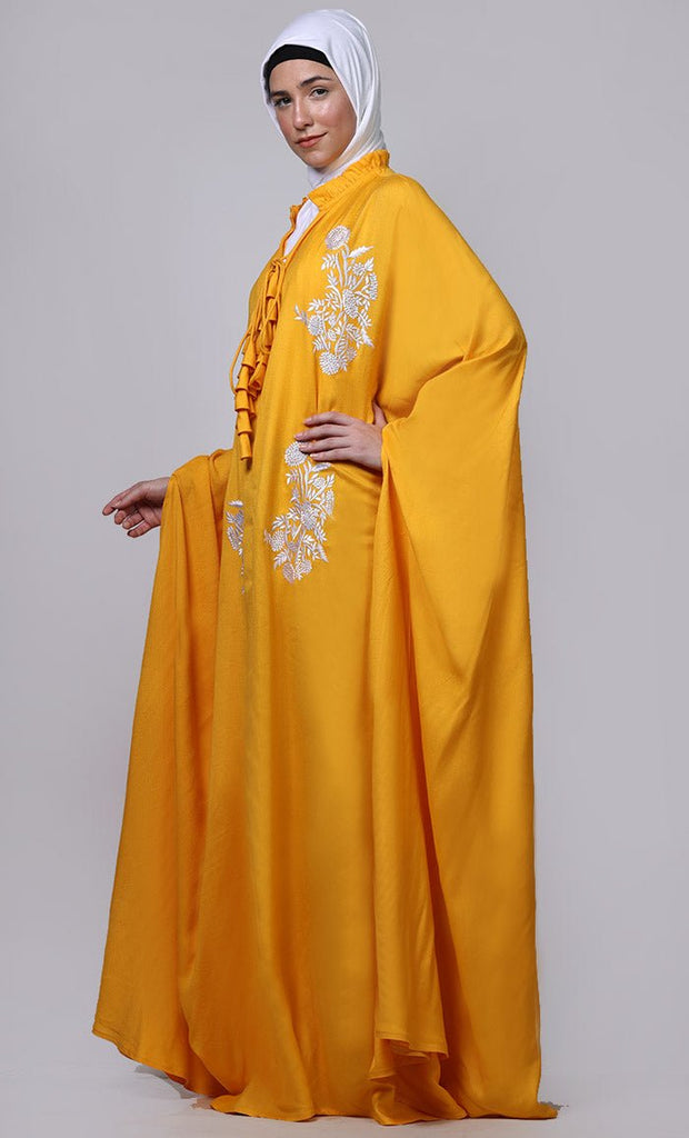 Women's yellow new embroidered patch work detailing Abaya - EastEssence.com