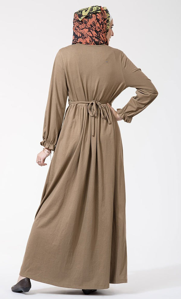 Wrap around and ruffled edged seeves detail abaya dress - EastEssence.com