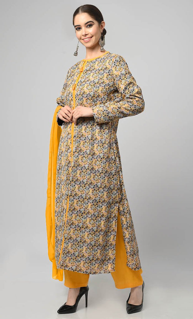 Yellow Printed Salwar Kameez Set With Yellow Georgette Dupatta - EastEssence.com