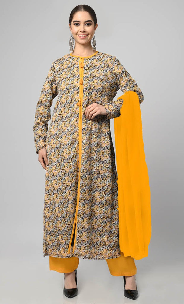 Yellow Printed Salwar Kameez Set With Yellow Georgette Dupatta - EastEssence.com