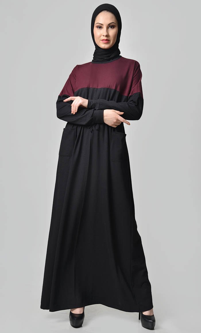 Yoke Colorblocked Jersey Abaya-Maroon - EastEssence.com