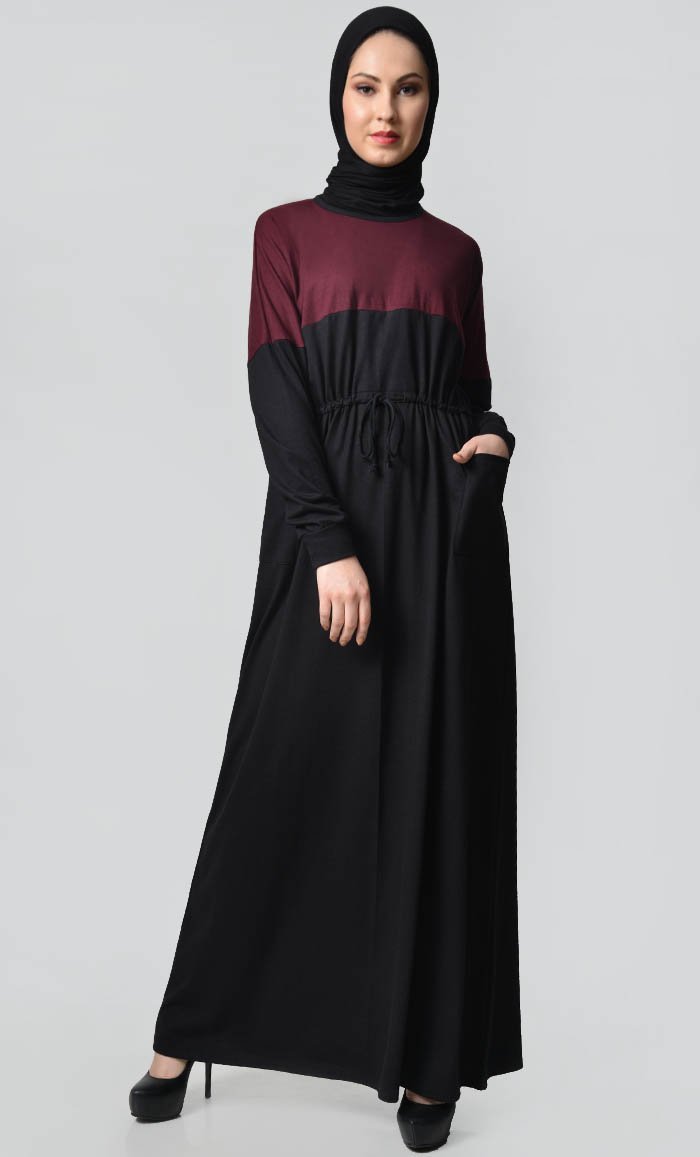 Yoke Colorblocked Jersey Abaya-Maroon - EastEssence.com
