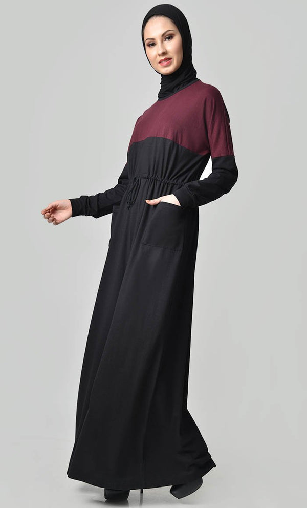 Yoke Colorblocked Jersey Abaya-Maroon - EastEssence.com