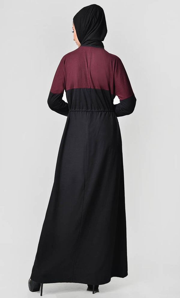 Yoke Colorblocked Jersey Abaya-Maroon - EastEssence.com