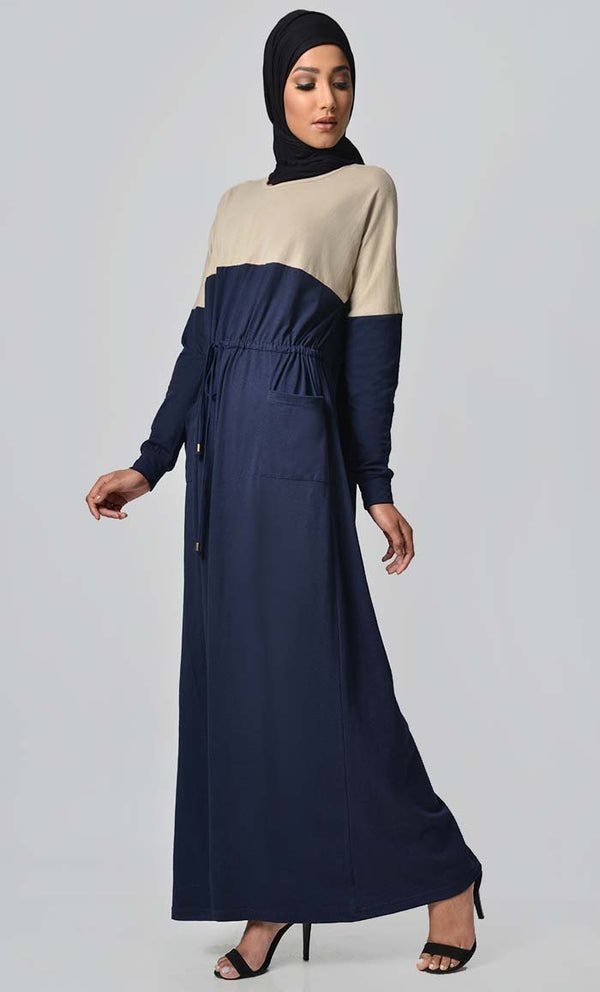 Yoke Colorblocked Jersey Abaya-Navy - EastEssence.com